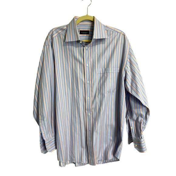 Canali Dress Shirt Men's 16 Long Sleeve Button-Up Striped Italian Italy Blue - Picture 1 of 7